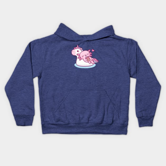 Cute Axolotl Chilling On Unicorn Pool Float Drinking Bubble Tea Kids Hoodie by rustydoodle